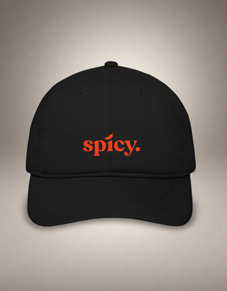 Black cap with red “spicy.” print by Peppr.