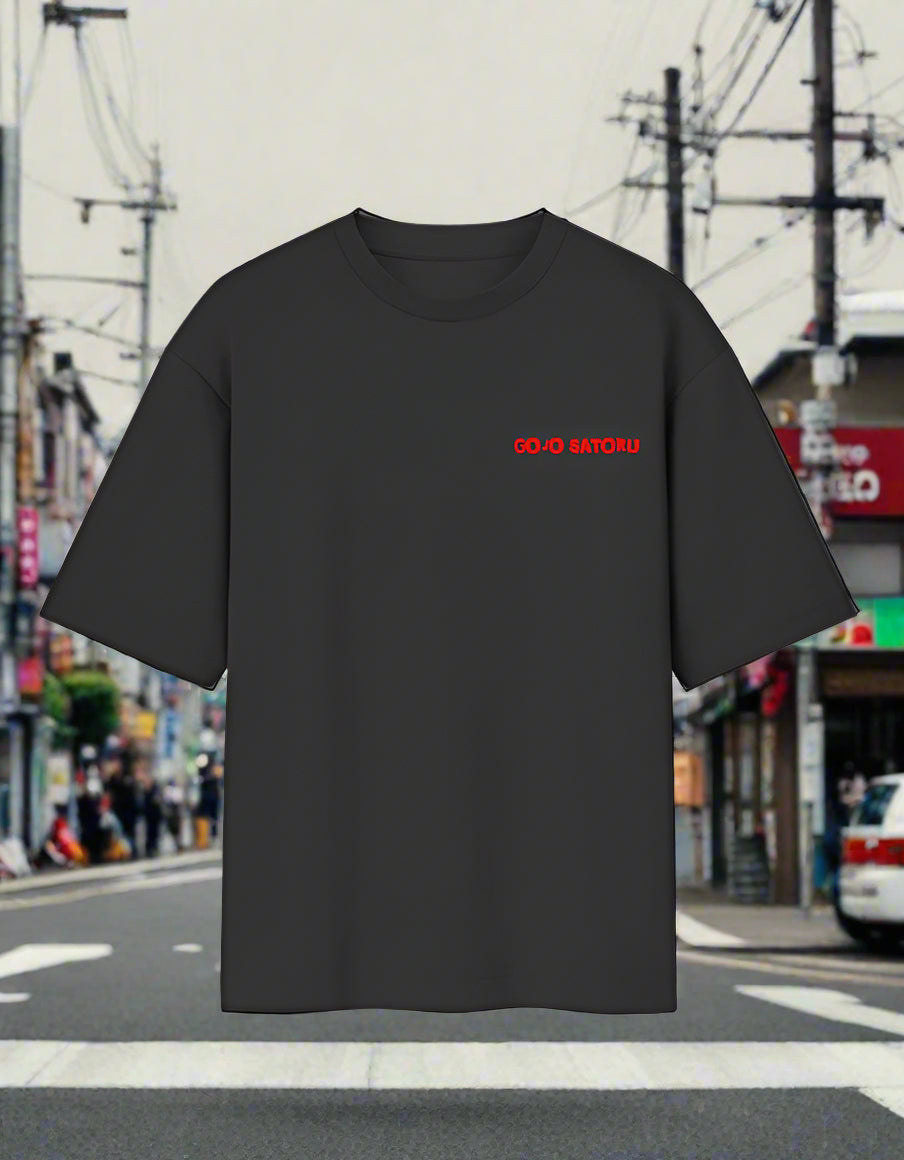 Black oversized tee with red Gojo Satoru text graphic – Jujutsu Kaisen-inspired.