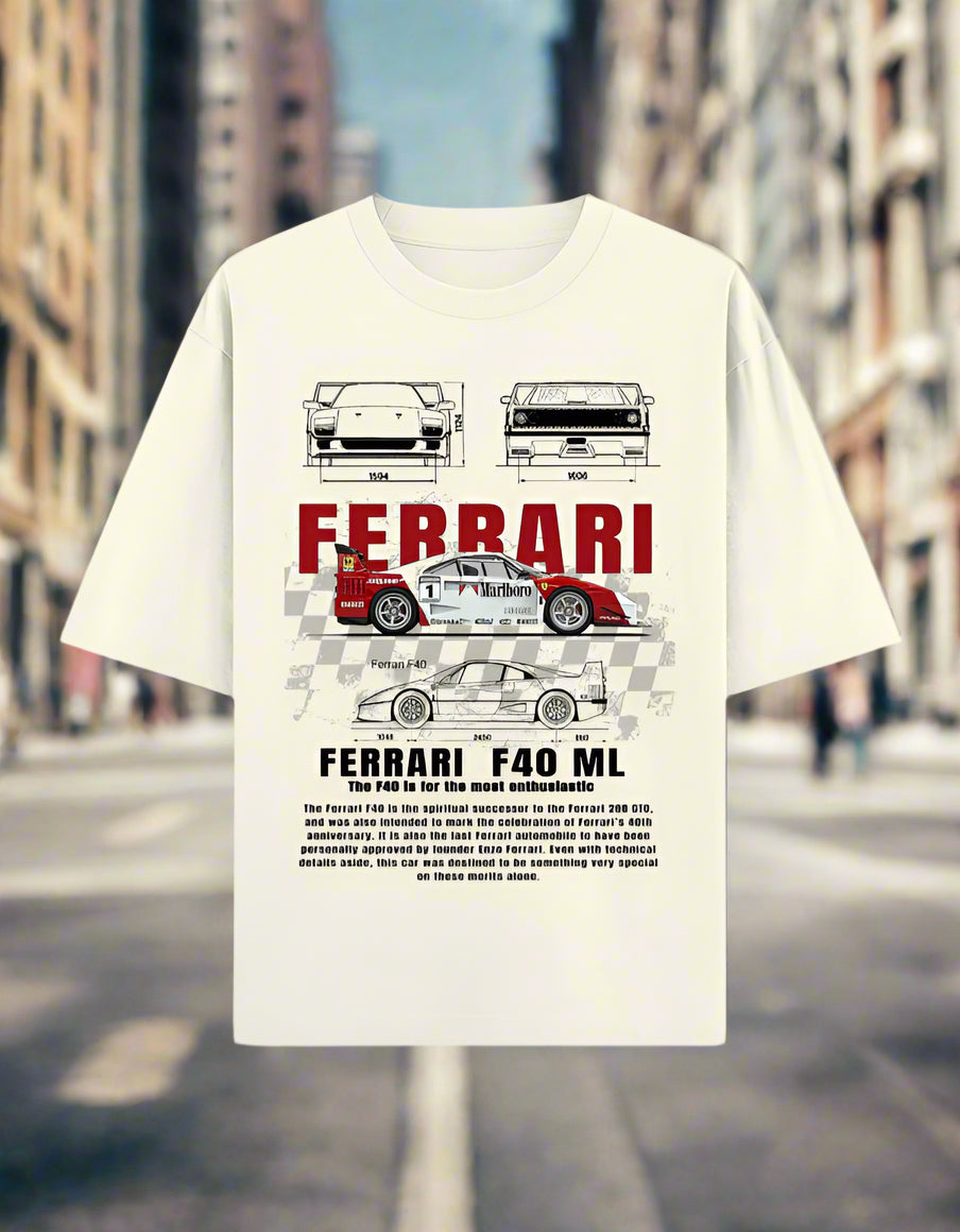 White oversized tee with Ferrari F40 car graphics and bold red logo by Peppr.