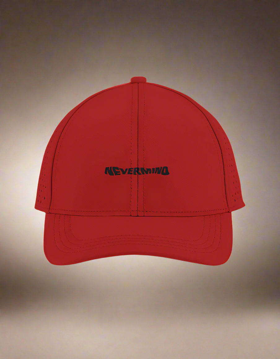 Red cap with black distorted “NEVERMIND” text by Peppr.