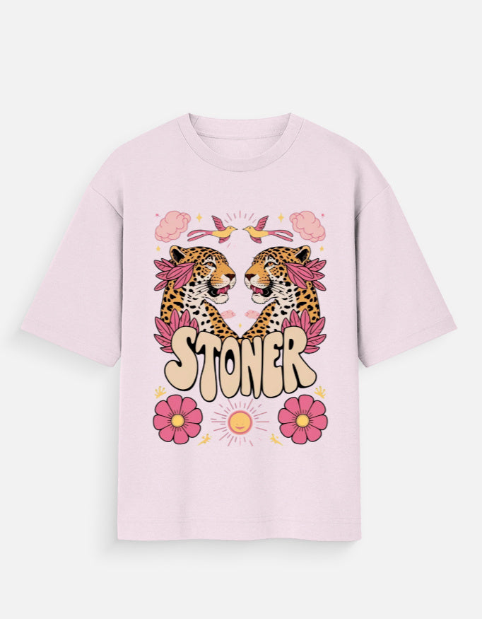 Front View- STONER Dreamscape Oversized Tee – Pink Leopard Edition