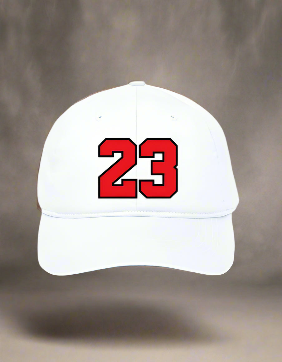 White cap with bold red “23” varsity-style print