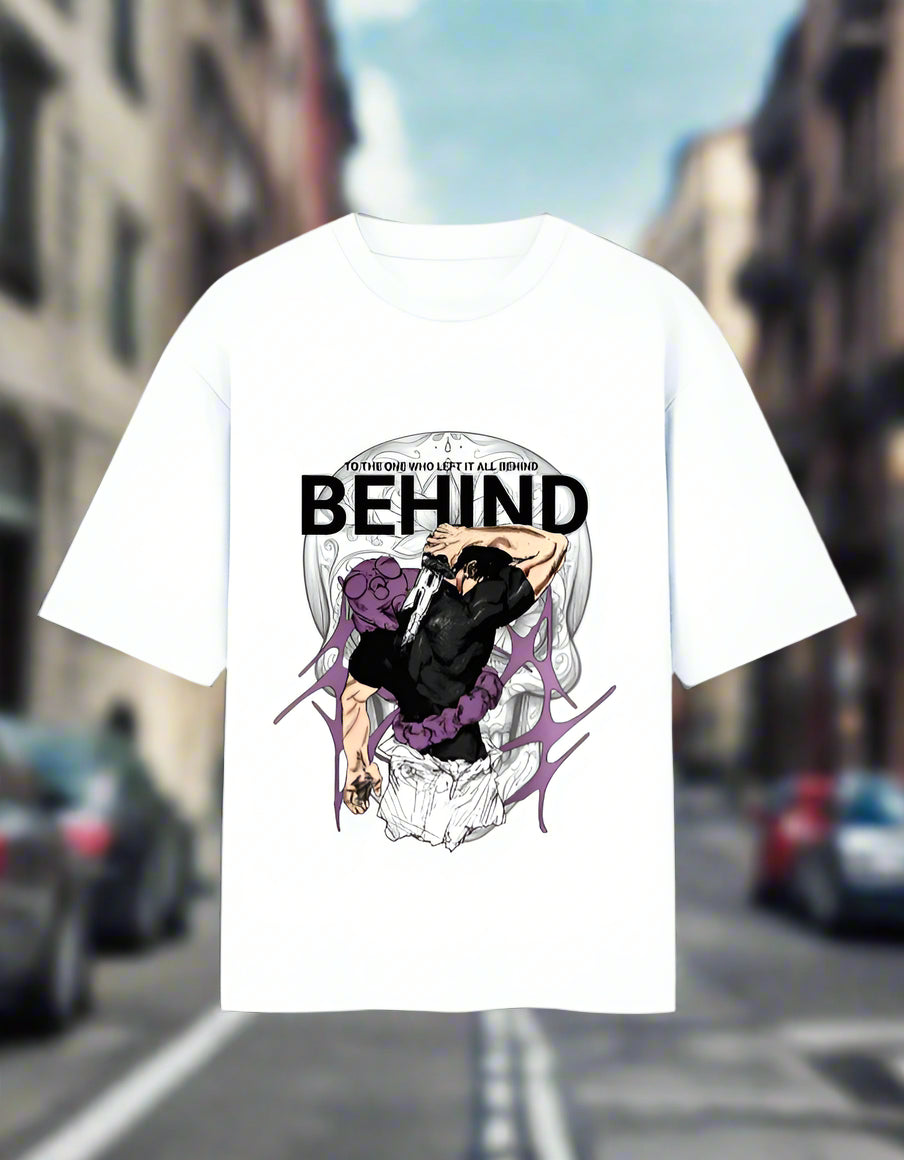 Oversized tee with dark Sukuna anime graphic and bold “BEHIND” text by Peppr.