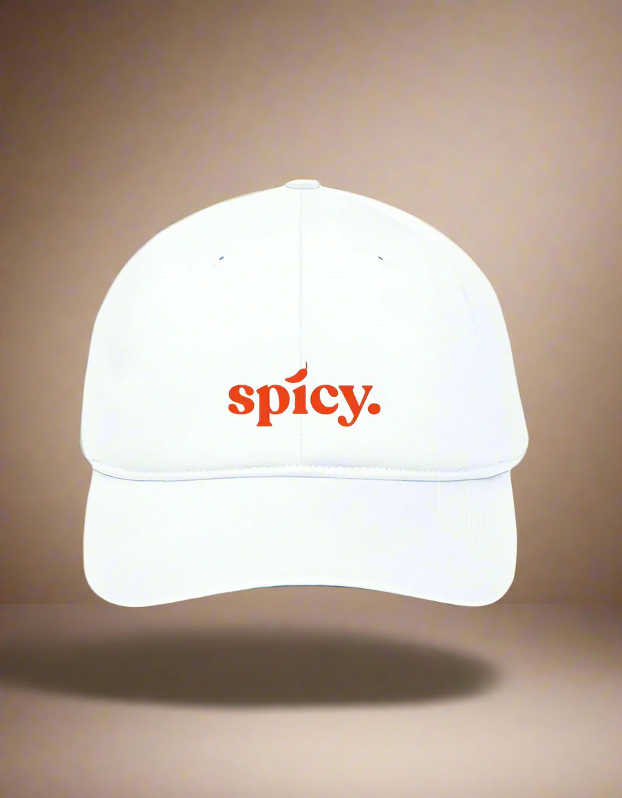 White cap with red “spicy.” embroidery by Peppr.