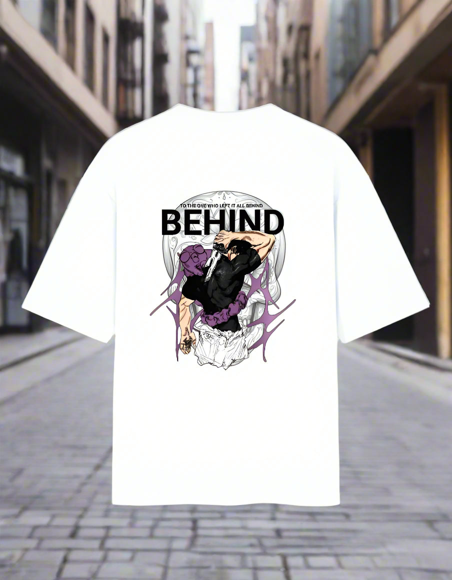 Back_Oversized tee with dark Sukuna anime graphic and bold “BEHIND” text by Peppr.