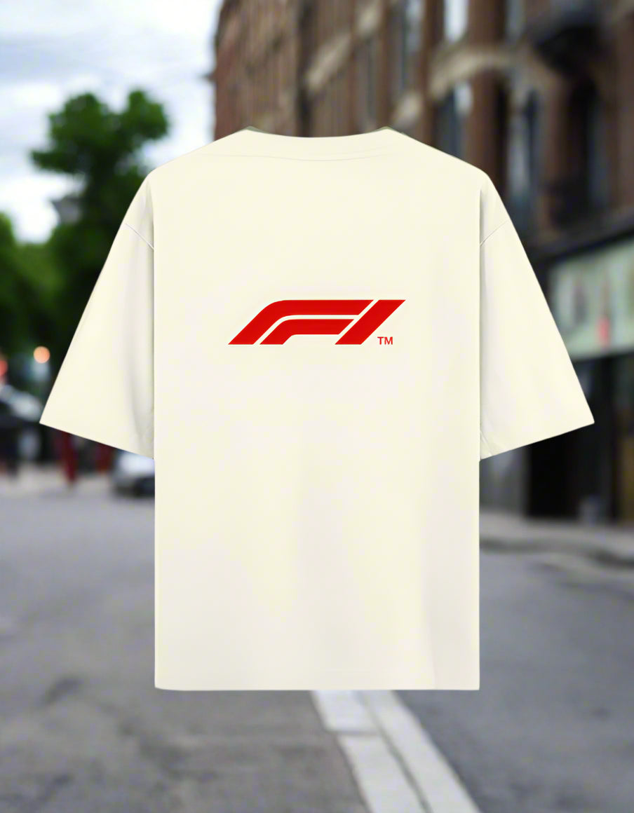White oversized tee with Ferrari F40 car graphics and bold red logo by Peppr.