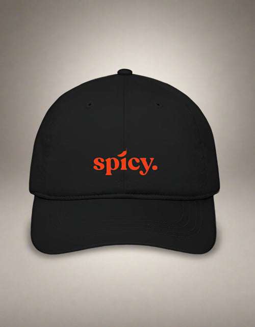 Black cap with red “spicy.” print by Peppr.