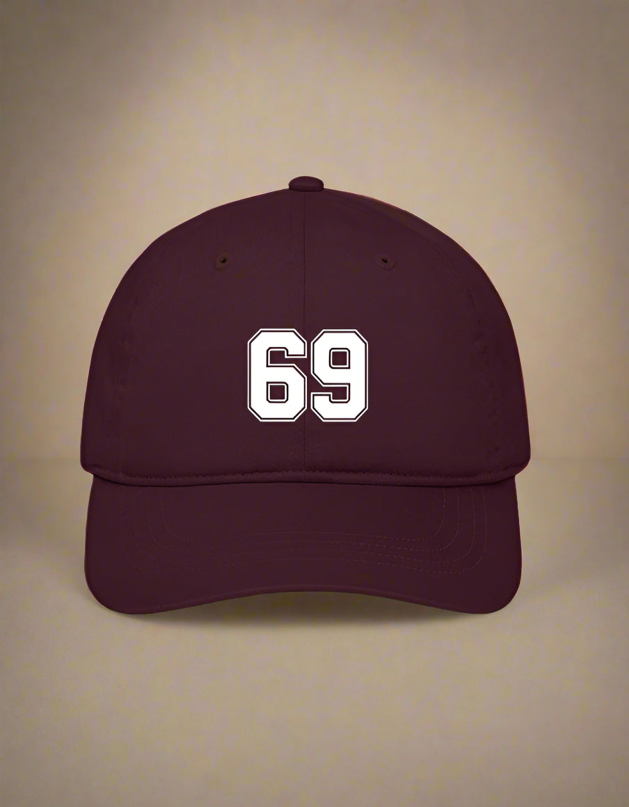 Maroon cap with bold white “69” varsity print by Peppr.