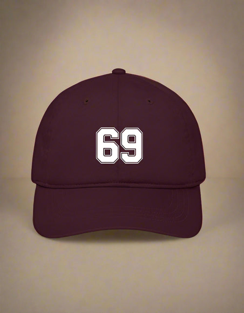 Maroon cap with bold white “69” varsity print by Peppr.