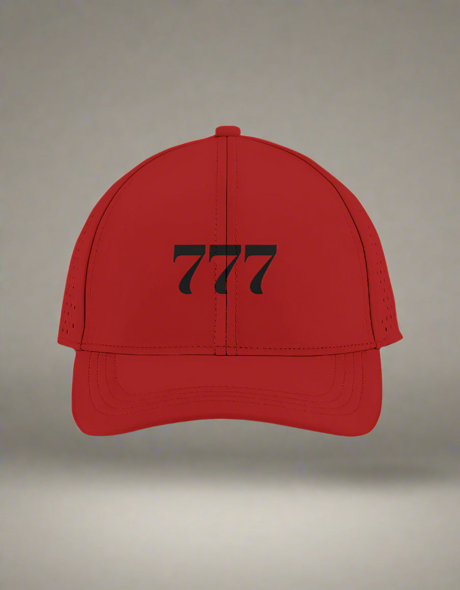 Red cap with bold black “777” print by Peppr.