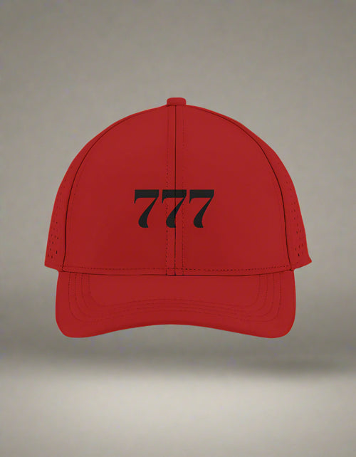 Red cap with bold black “777” print by Peppr.