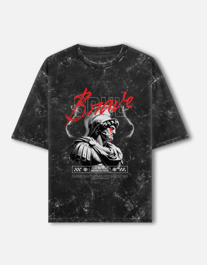 Front view of Peppr's Warrior Spirit Tee in black acid wash