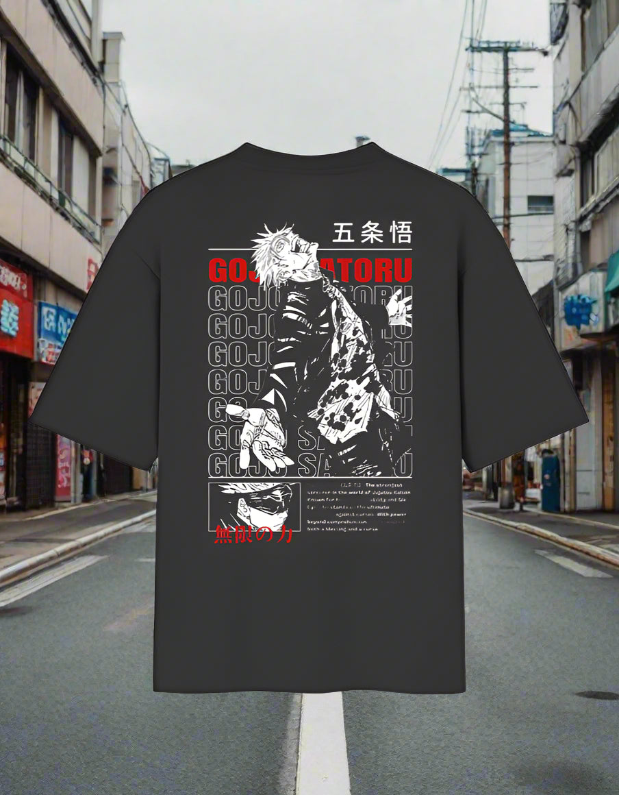 Black oversized tee with red Gojo Satoru text graphic – Jujutsu Kaisen-inspired.