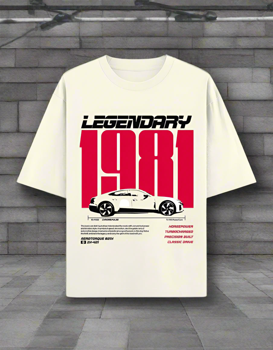 Oversized tee with red and black vintage sports car graphic by Peppr.