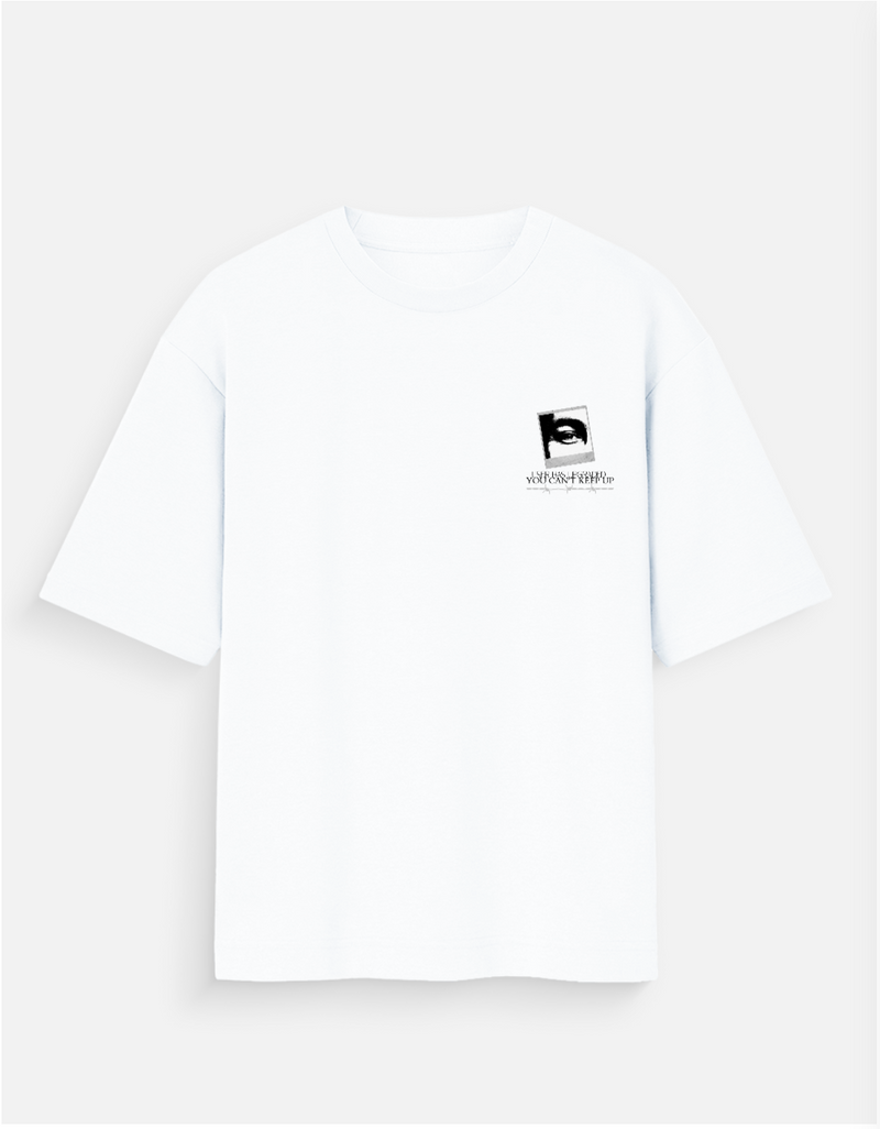 The Peppr Upgraded white oversized heavyweight cotton graphic T-shirt with minimal front print and bold back design reading “User Has Upgraded. You Can’t Keep Up.”